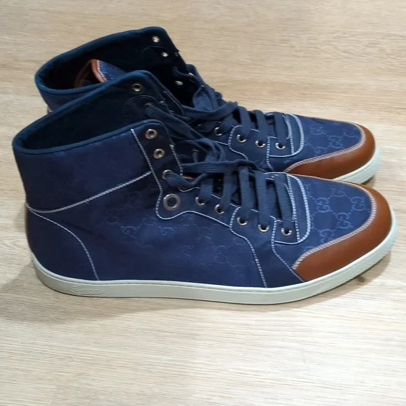 GUCCI GUCCISSIMA MONOGRAM GG NYLON/LEATHER HIGH SNEAKERS NAVY/TAN